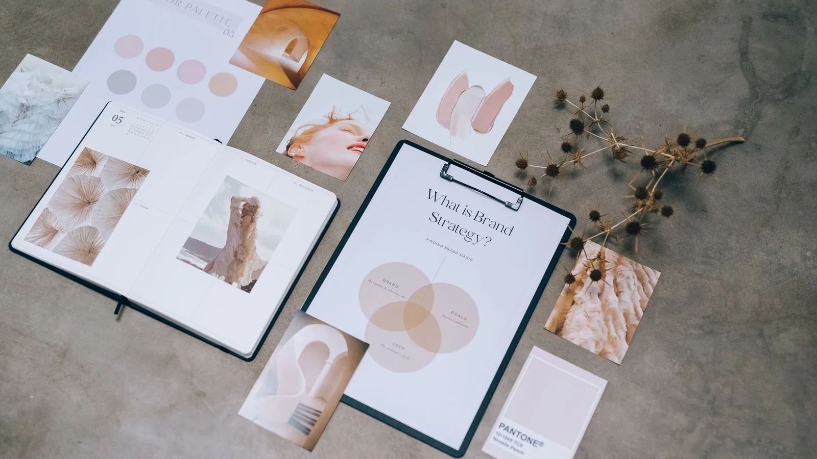 Muestras de color, tarjetas y papelería de una marca ordenadas sobre una mesa de trabajo